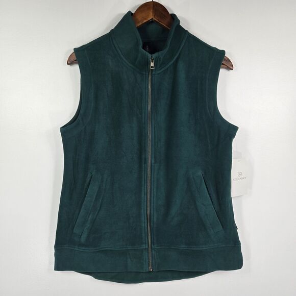 Soul + Sky Women's Size Medium Rain Forest Green Velour Zip Vest Jacket NWT - Picture 1 of 6